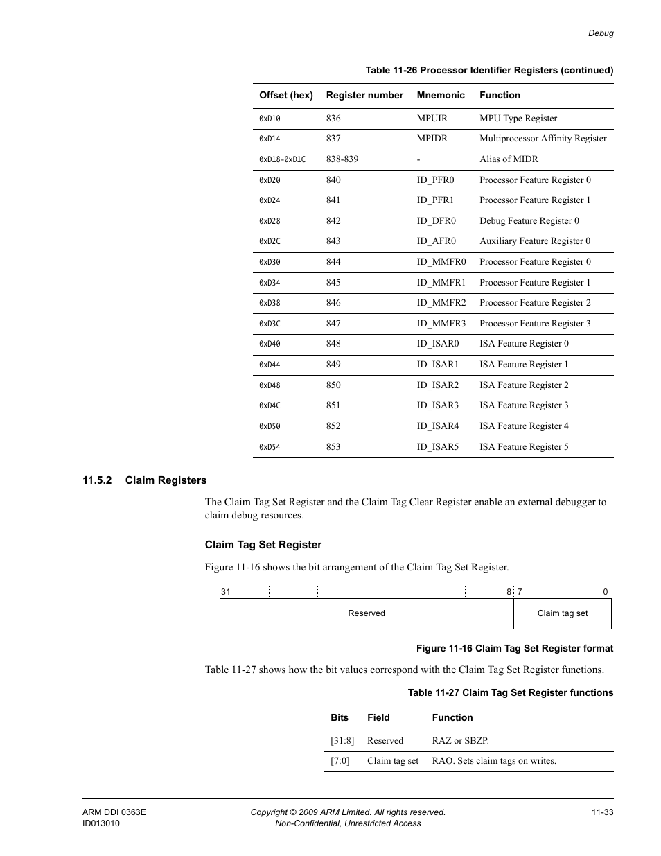 2 claim registers, Table 11-27, Claim tag set register functions -33 | Figure 11-16, Claim tag set register format -33 | ARM Cortex R4F User Manual | Page 302 / 456