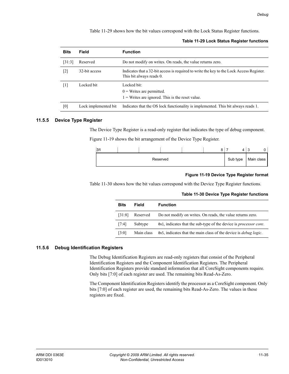 5 device type register, 6 debug identification registers, Table 11-29 | Lock status register functions -35, Table 11-30, Device type register functions -35, Figure 11-19, Device type register format -35 | ARM Cortex R4F User Manual | Page 304 / 456