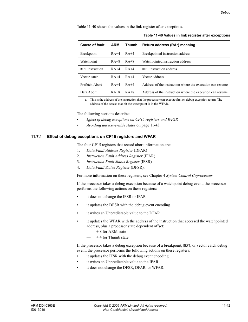 Table 11-40, Values in link register after exceptions -42 | ARM Cortex R4F User Manual | Page 311 / 456