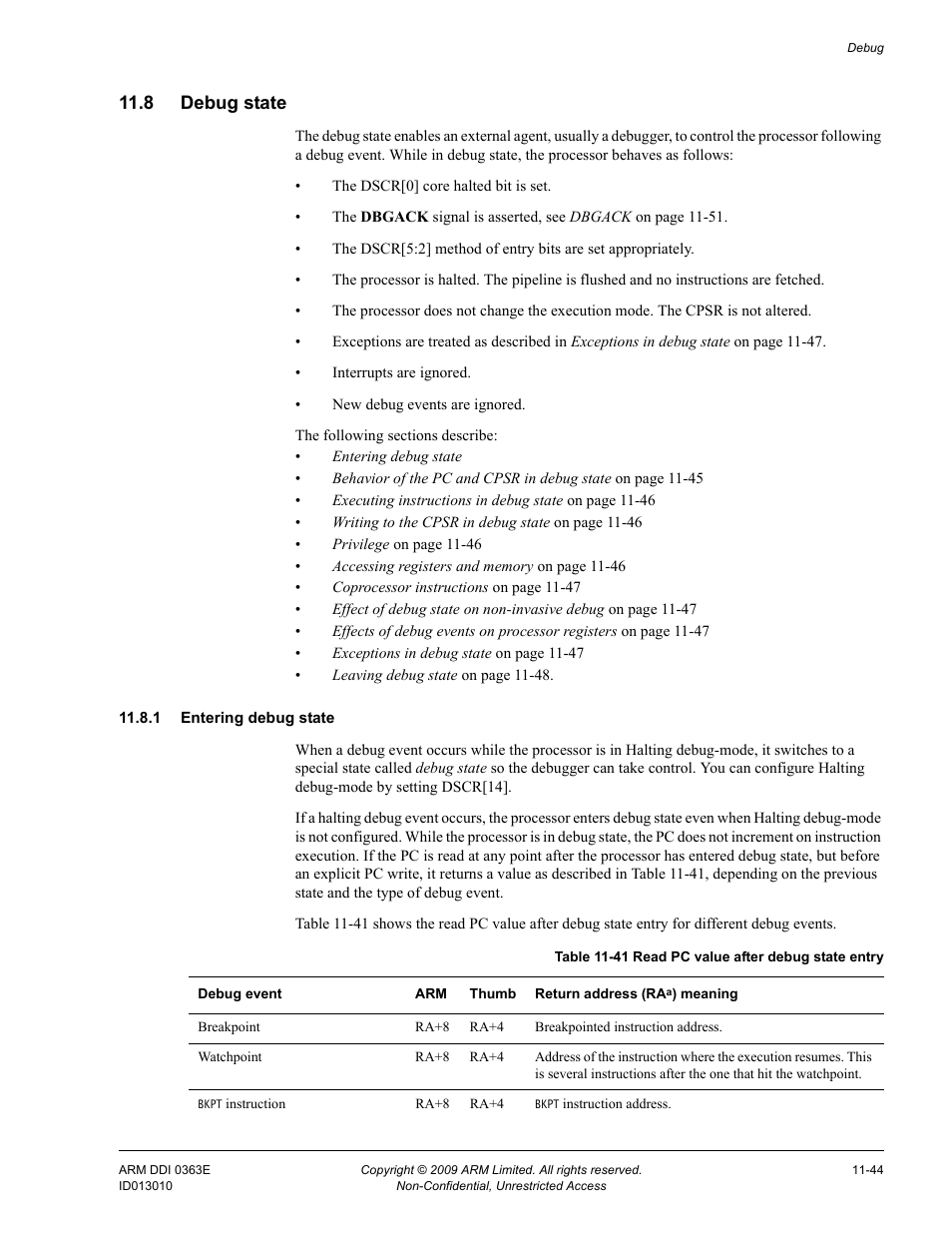 8 debug state, 1 entering debug state, Debug state -44 | Table 11-41, Read pc value after debug state entry -44 | ARM Cortex R4F User Manual | Page 313 / 456