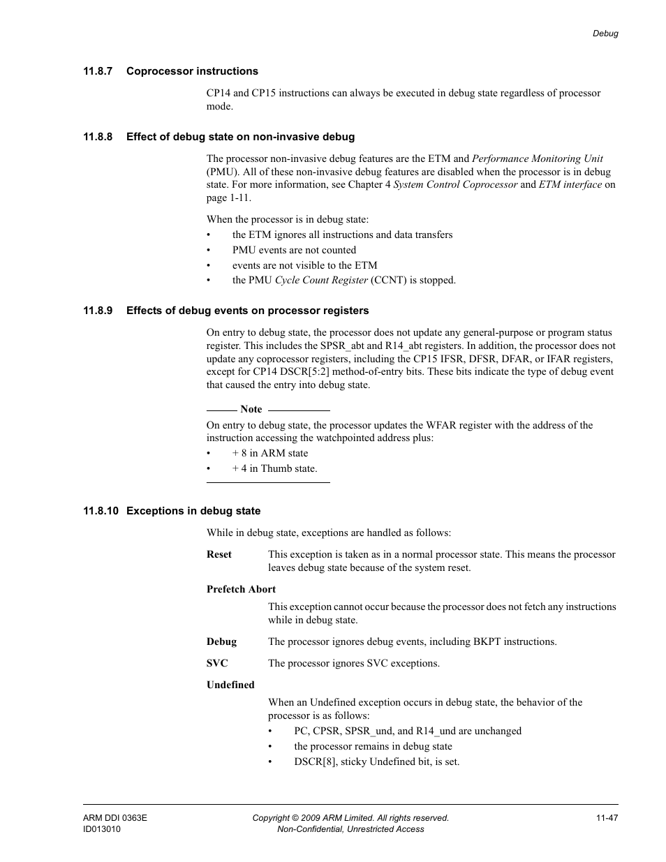 7 coprocessor instructions, 8 effect of debug state on non-invasive debug, 9 effects of debug events on processor registers | 10 exceptions in debug state | ARM Cortex R4F User Manual | Page 316 / 456