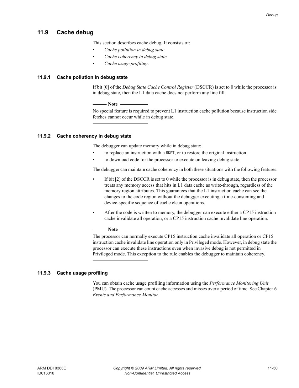 9 cache debug, 1 cache pollution in debug state, 2 cache coherency in debug state | 3 cache usage profiling, Cache debug -50 | ARM Cortex R4F User Manual | Page 319 / 456