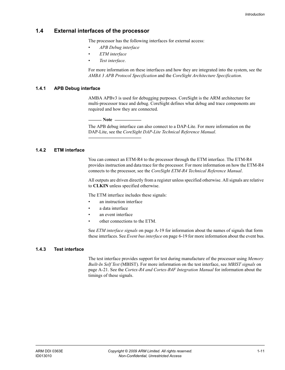 4 external interfaces of the processor, 1 apb debug interface, 2 etm interface | 3 test interface, External interfaces of the processor -11 | ARM Cortex R4F User Manual | Page 32 / 456