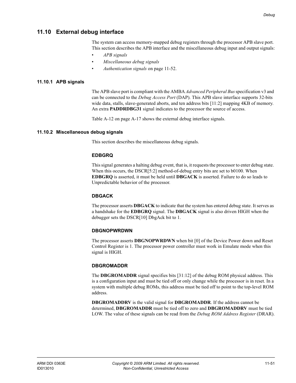 10 external debug interface, 1 apb signals, 2 miscellaneous debug signals | External debug interface -51 | ARM Cortex R4F User Manual | Page 320 / 456