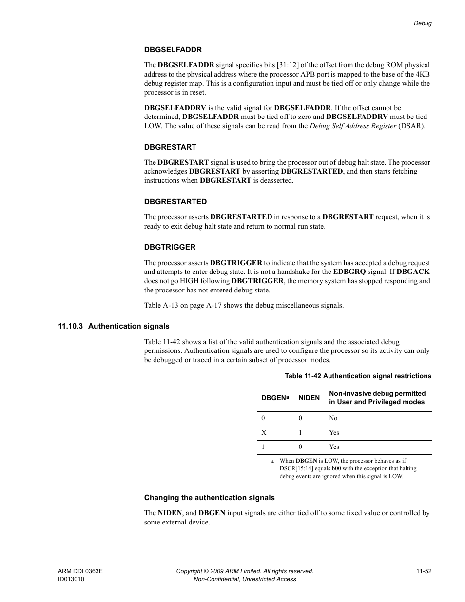 3 authentication signals, Table 11-42, Authentication signal restrictions -52 | ARM Cortex R4F User Manual | Page 321 / 456