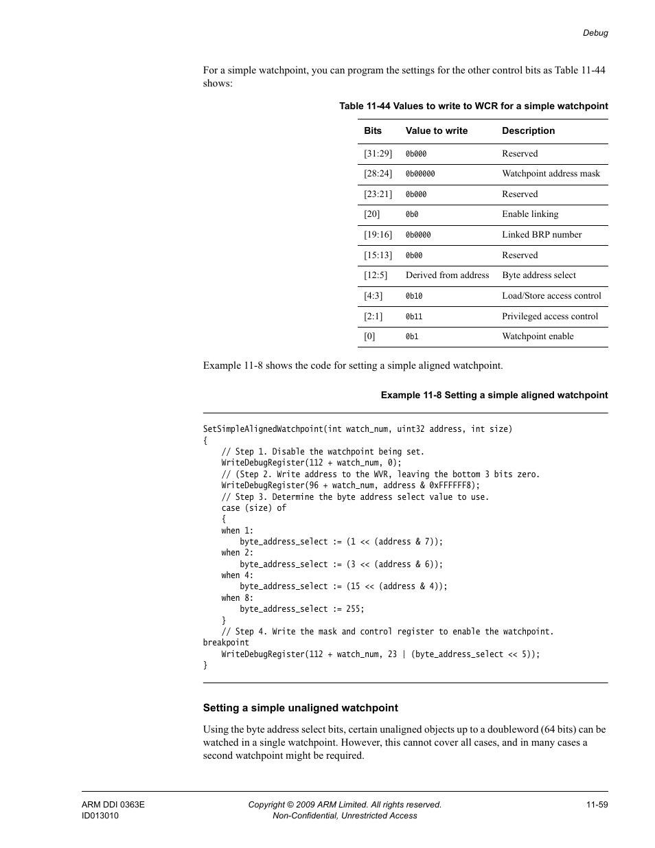 Table 11-44, Values to write to wcr for a simple watchpoint -59 | ARM Cortex R4F User Manual | Page 328 / 456