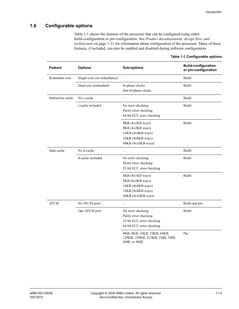 6 configurable options, Configurable options -13, Table 1-1 | ARM Cortex R4F User Manual | Page 34 / 456