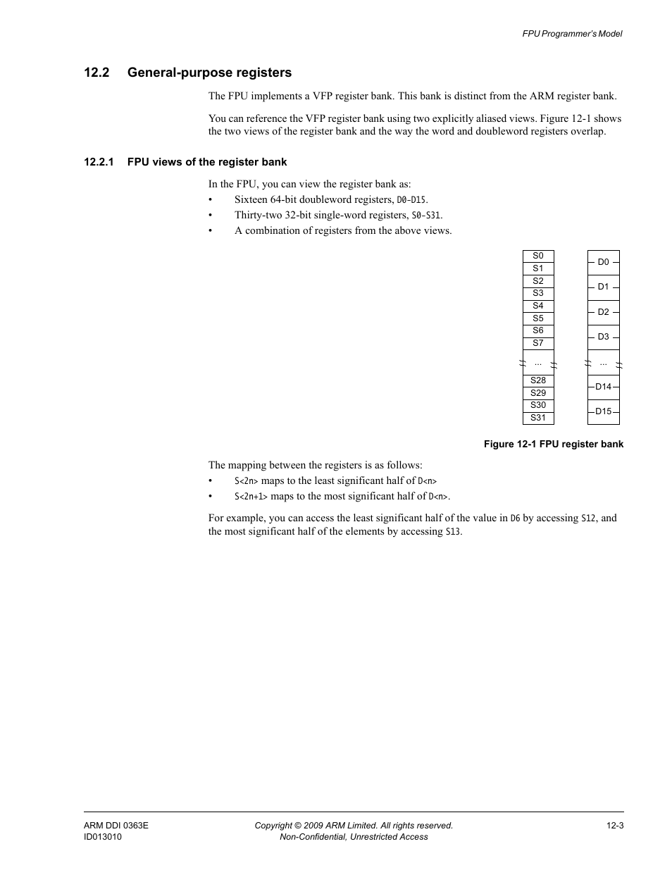 2 general-purpose registers, 1 fpu views of the register bank, General-purpose registers -3 | Figure 12-1, Fpu register bank -3 | ARM Cortex R4F User Manual | Page 344 / 456