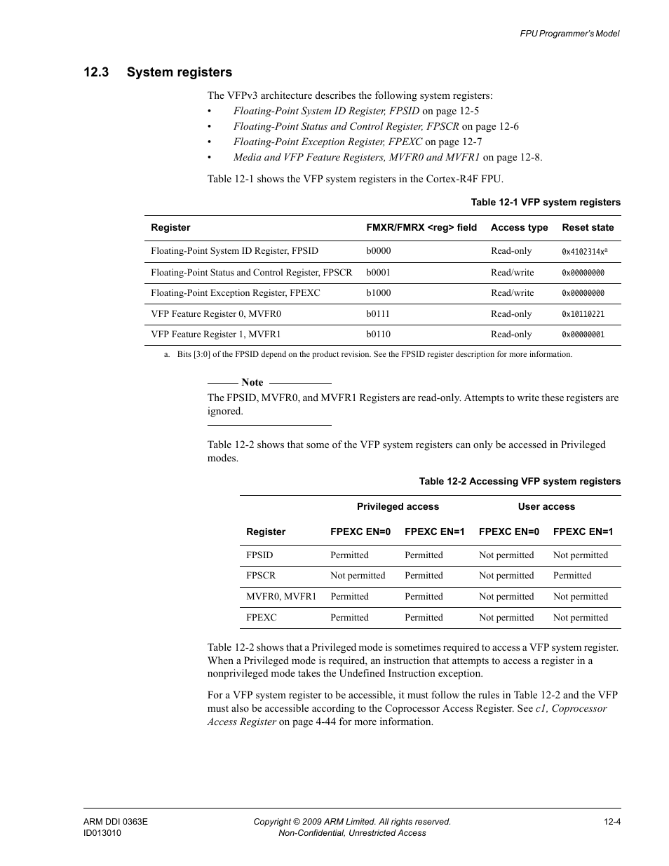 3 system registers, System registers -4, Table 12-1 | Vfp system registers -4, Table 12-2, Accessing vfp system registers -4 | ARM Cortex R4F User Manual | Page 345 / 456