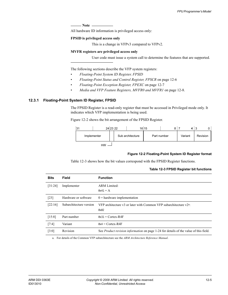 1 floating-point system id register, fpsid, Table 12-3, Fpsid register bit functions -5 | Figure 12-2, Floating-point system id register format -5 | ARM Cortex R4F User Manual | Page 346 / 456