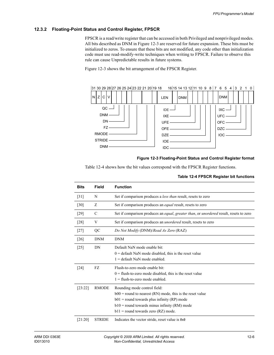 Table 12-4, Fpscr register bit functions -6, Figure 12-3 | ARM Cortex R4F User Manual | Page 347 / 456