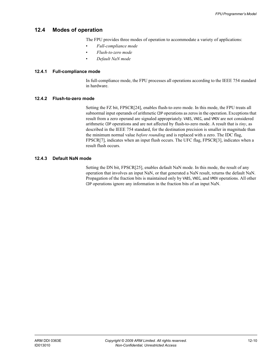 4 modes of operation, 1 full-compliance mode, 2 flush-to-zero mode | 3 default nan mode, Modes of operation -10 | ARM Cortex R4F User Manual | Page 351 / 456