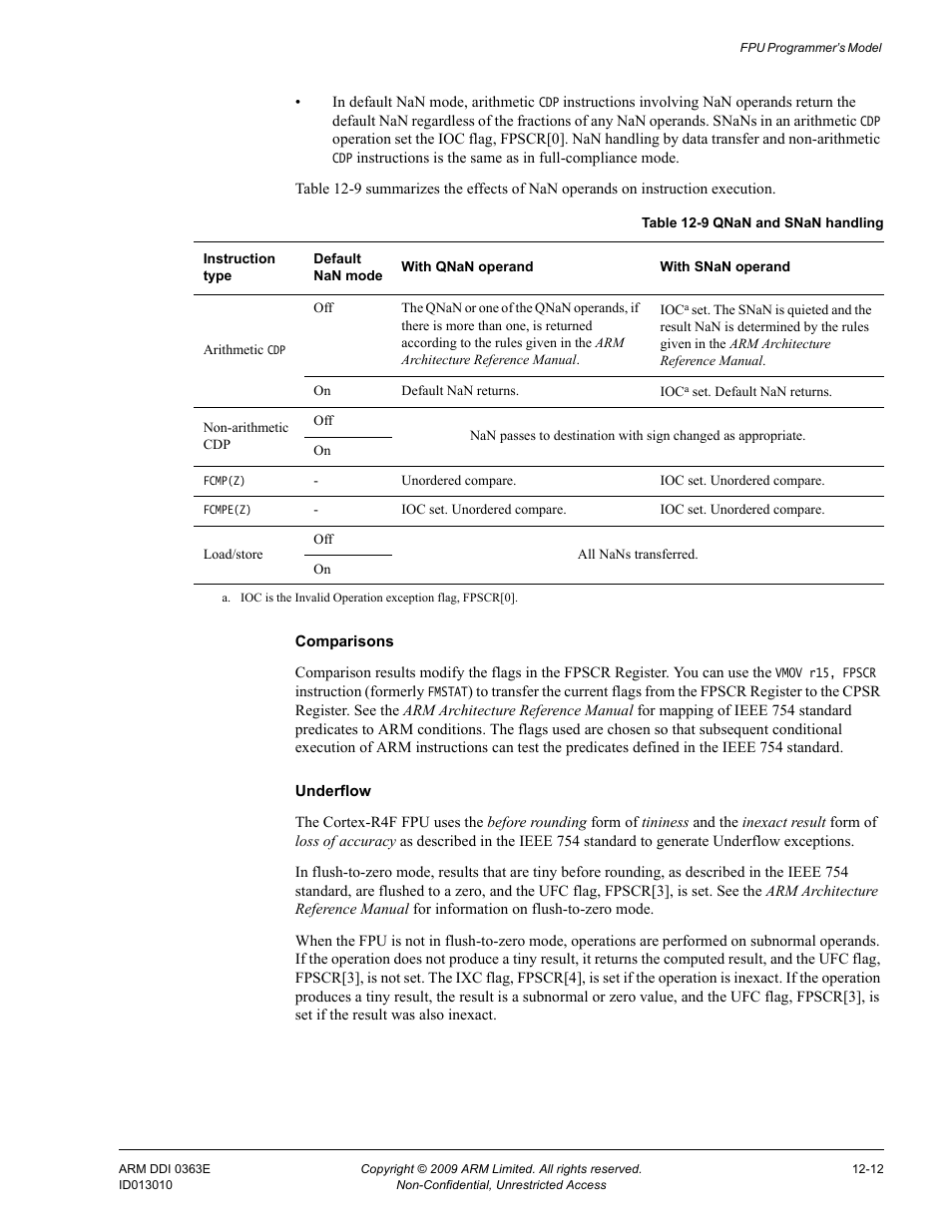 Table 12-9, Qnan and snan handling -12 | ARM Cortex R4F User Manual | Page 353 / 456