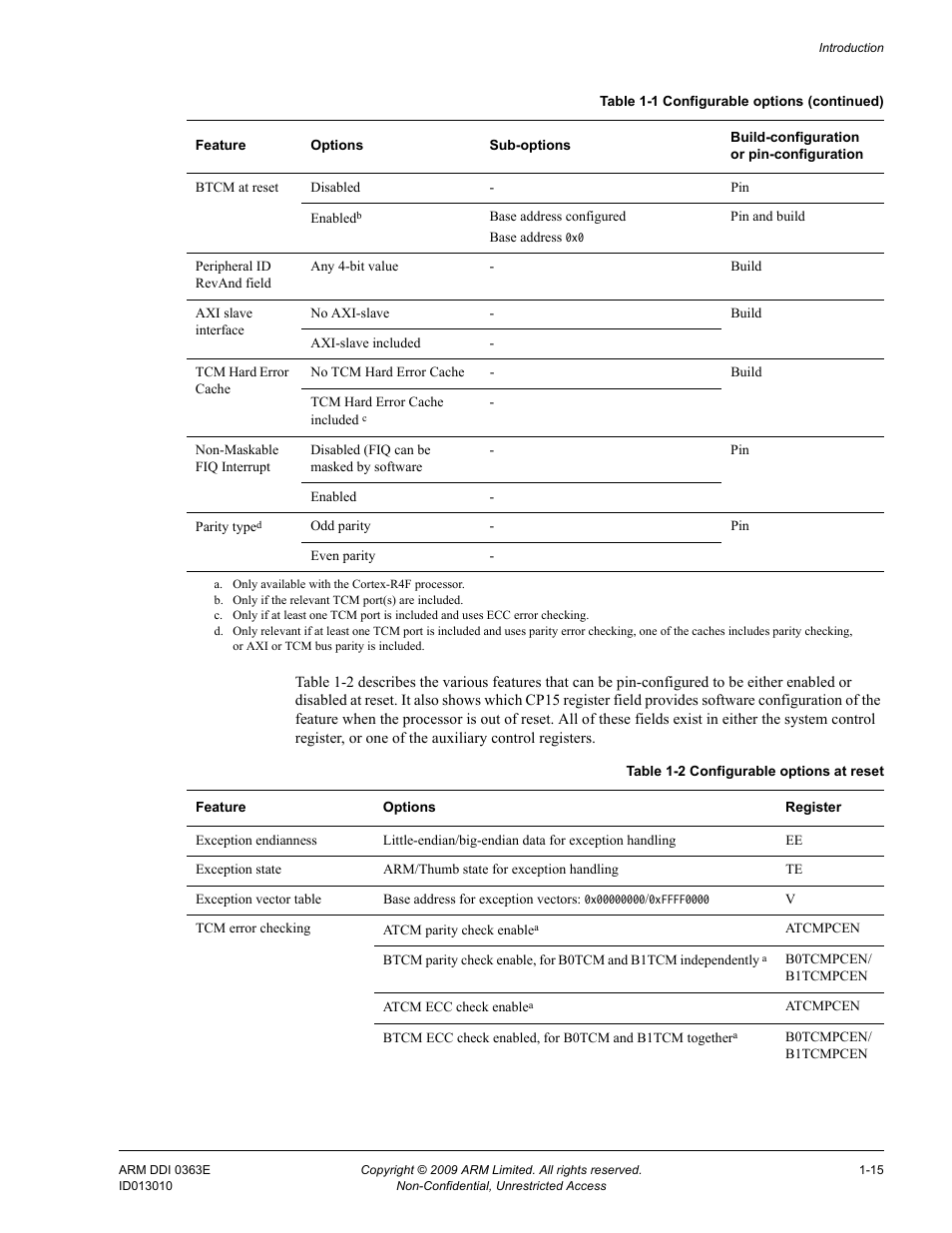 Table 1-2, Configurable options at reset -15 | ARM Cortex R4F User Manual | Page 36 / 456