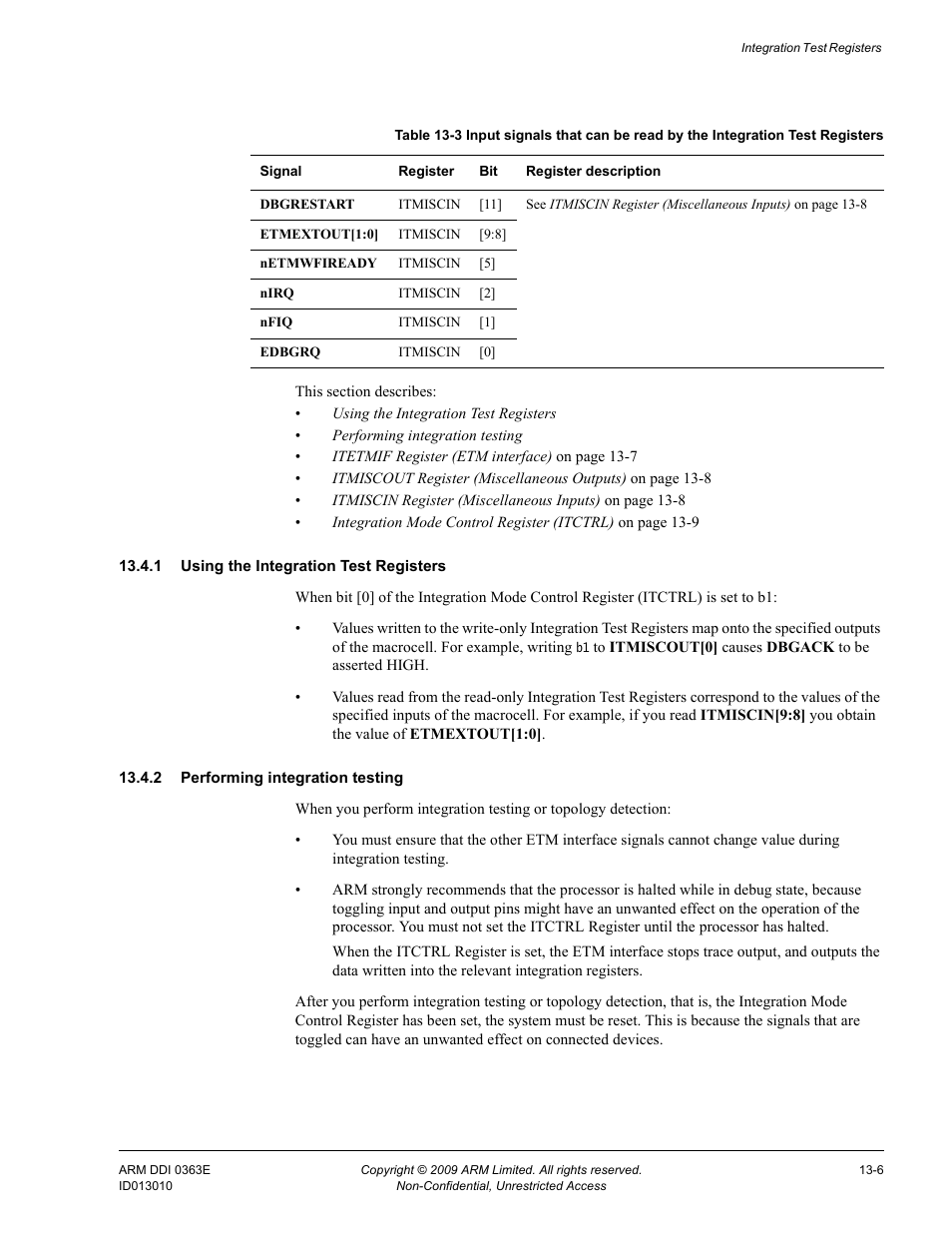 1 using the integration test registers, 2 performing integration testing, Table 13-3 | ARM Cortex R4F User Manual | Page 360 / 456