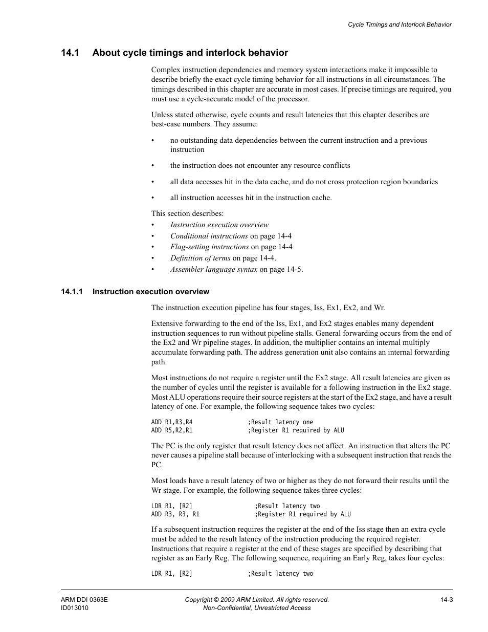 1 about cycle timings and interlock behavior, 1 instruction execution overview, About cycle timings and interlock behavior -3 | ARM Cortex R4F User Manual | Page 367 / 456