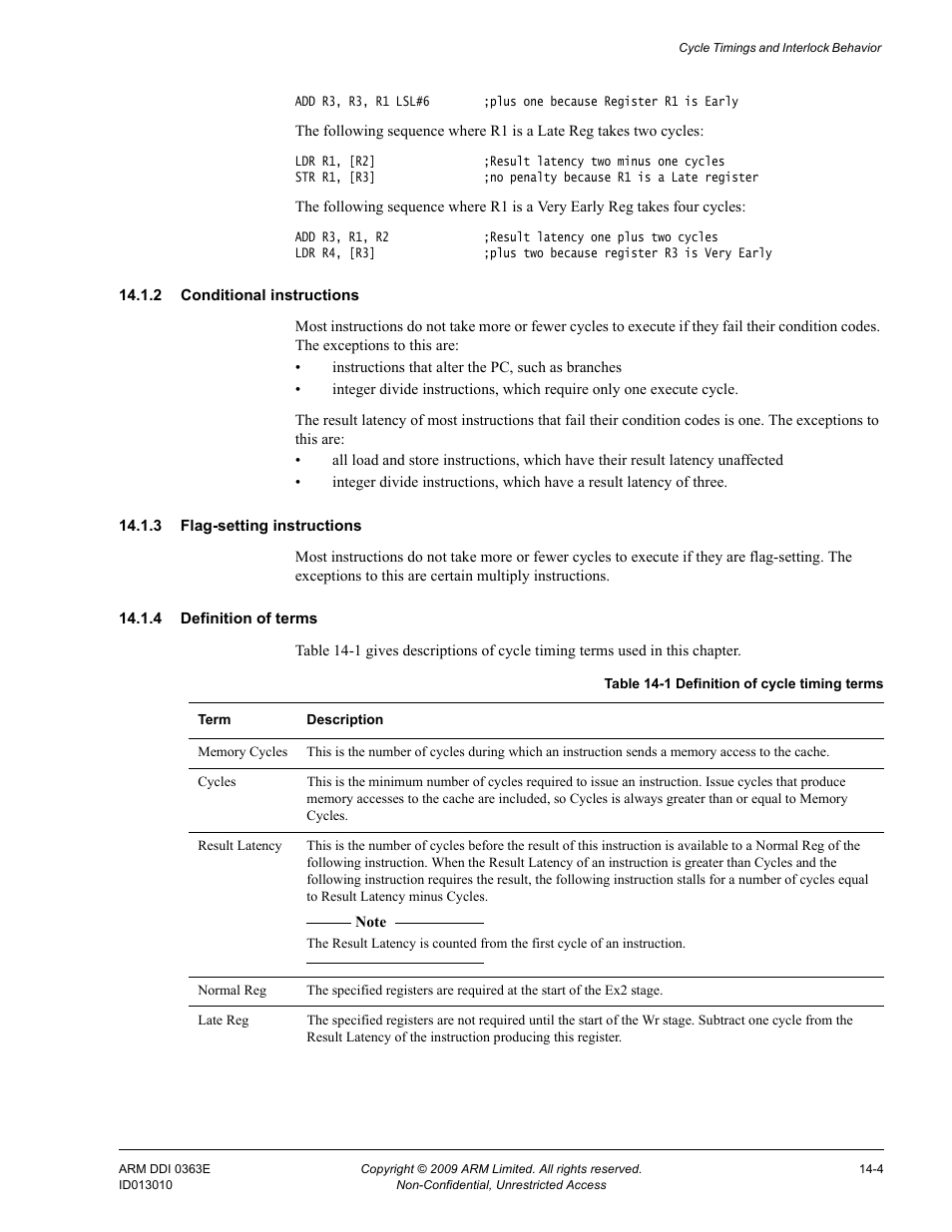 2 conditional instructions, 3 flag-setting instructions, 4 definition of terms | Table 14-1, Definition of cycle timing terms -4 | ARM Cortex R4F User Manual | Page 368 / 456