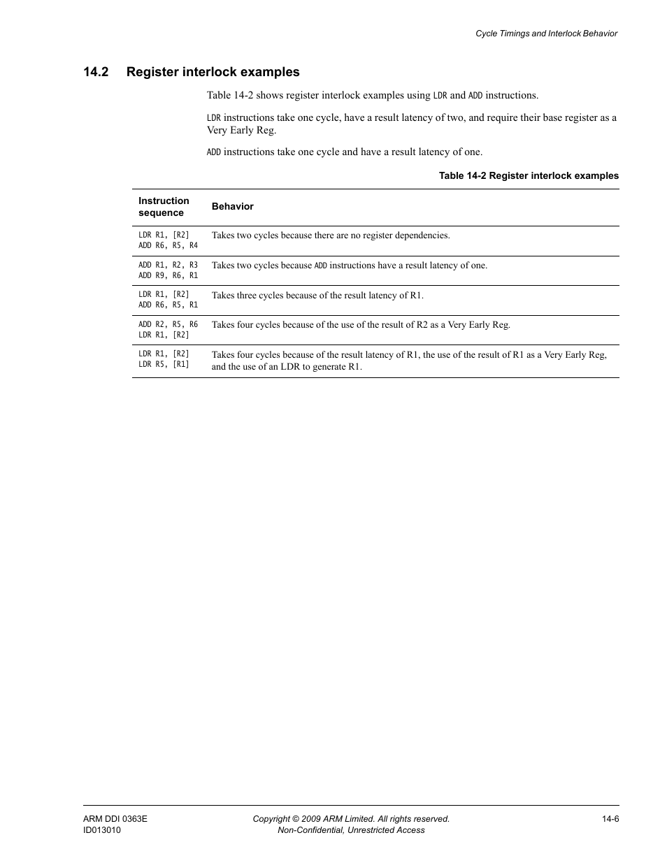 2 register interlock examples, Register interlock examples -6, Table 14-2 | ARM Cortex R4F User Manual | Page 370 / 456