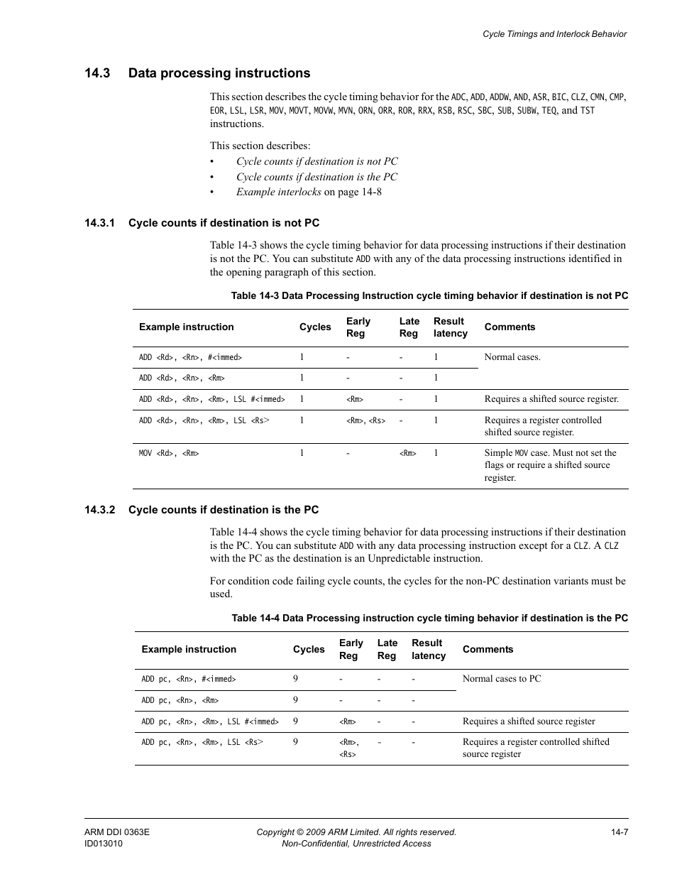 3 data processing instructions, 1 cycle counts if destination is not pc, 2 cycle counts if destination is the pc | Data processing instructions -7, Table 14-3, Table 14-4 | ARM Cortex R4F User Manual | Page 371 / 456