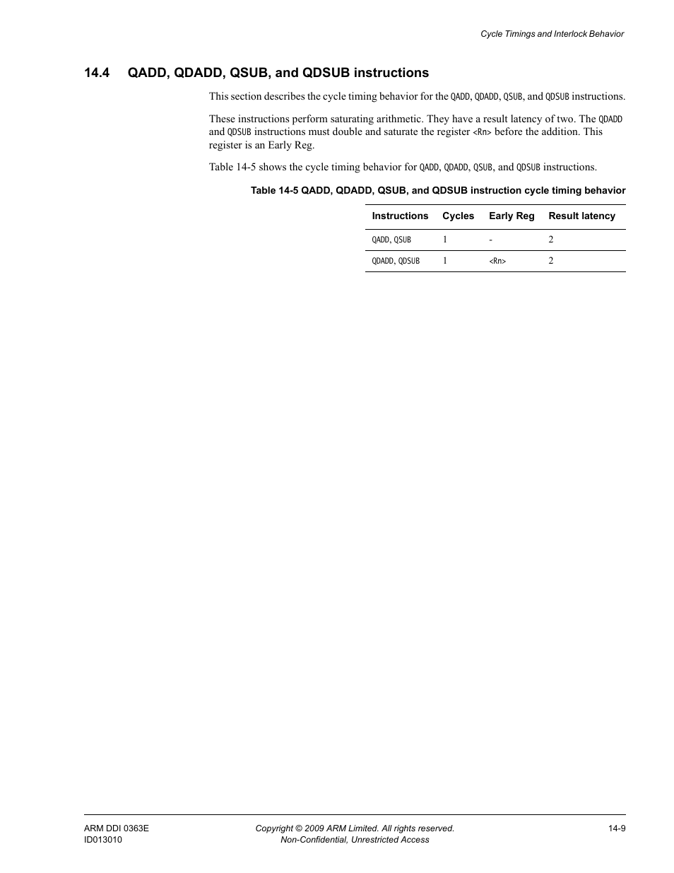 4 qadd, qdadd, qsub, and qdsub instructions, Qadd, qdadd, qsub, and qdsub instructions -9, Table 14-5 | ARM Cortex R4F User Manual | Page 373 / 456