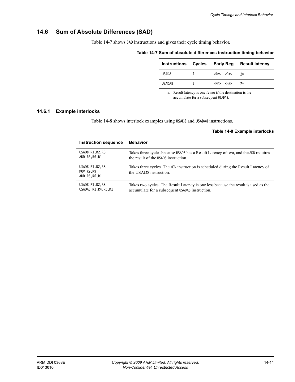 6 sum of absolute differences (sad), 1 example interlocks, Sum of absolute differences (sad) -11 | Table 14-7, Table 14-8, Example interlocks -11 | ARM Cortex R4F User Manual | Page 375 / 456