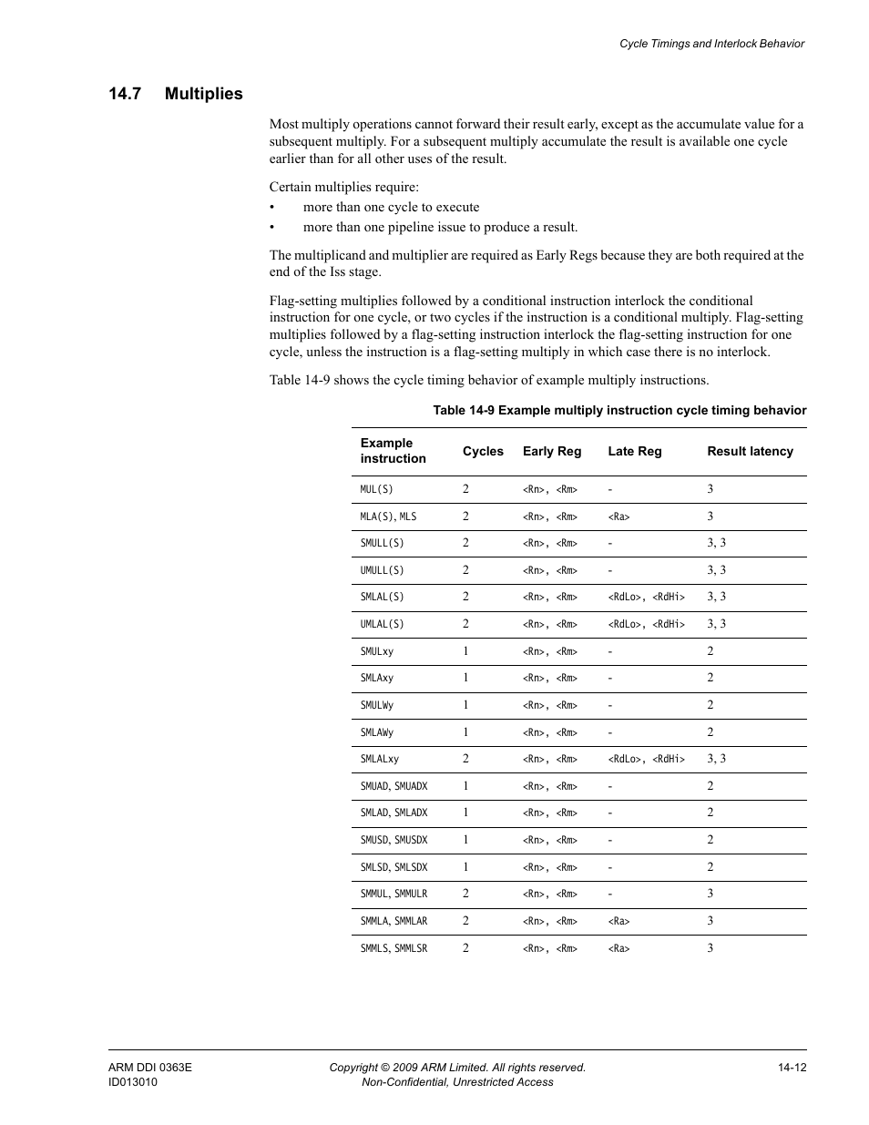 7 multiplies, Multiplies -12, Table 14-9 | ARM Cortex R4F User Manual | Page 376 / 456