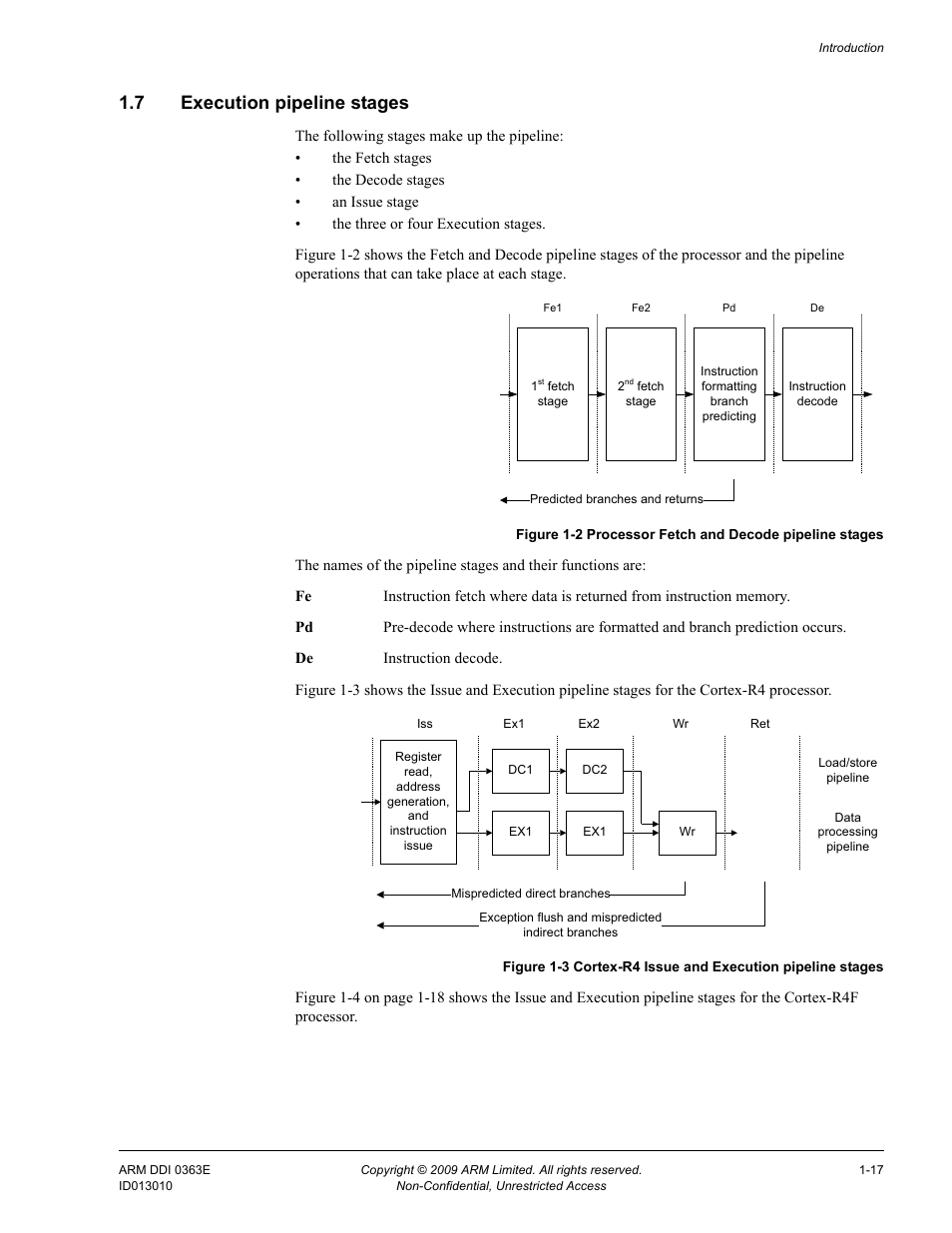 7 execution pipeline stages, Execution pipeline stages -17, Figure 1-2 | Processor fetch and decode pipeline stages -17, Figure 1-3, Cortex-r4 issue and execution pipeline stages -17 | ARM Cortex R4F User Manual | Page 38 / 456