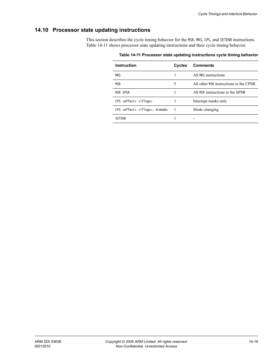 10 processor state updating instructions, Processor state updating instructions -16, Table 14-11 | ARM Cortex R4F User Manual | Page 380 / 456