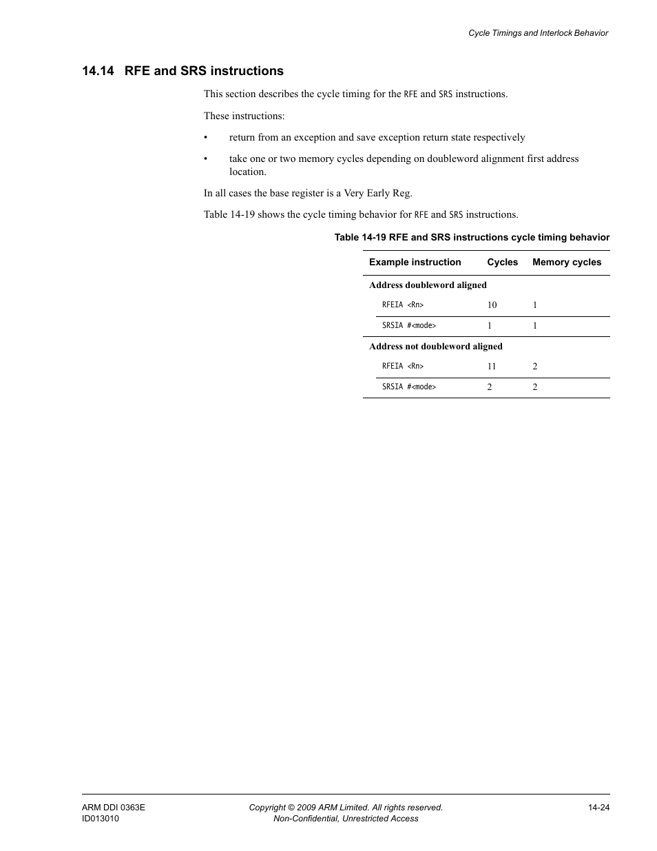 14 rfe and srs instructions, Rfe and srs instructions -24, Table 14-19 | Rfe and srs instructions cycle timing behavior -24 | ARM Cortex R4F User Manual | Page 388 / 456