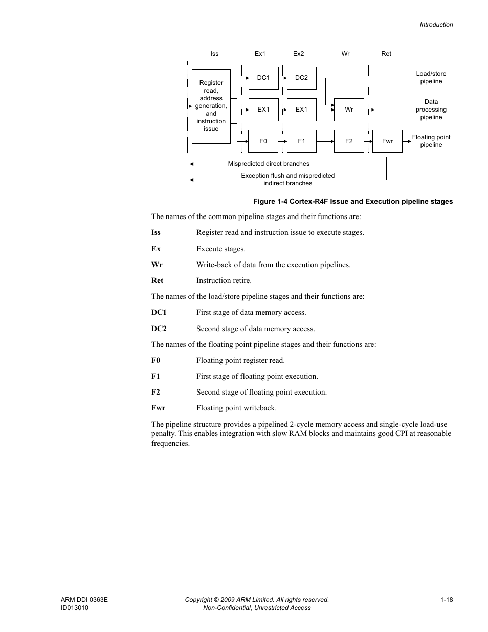 Figure 1-4, Cortex-r4f issue and execution pipeline stages -18 | ARM Cortex R4F User Manual | Page 39 / 456