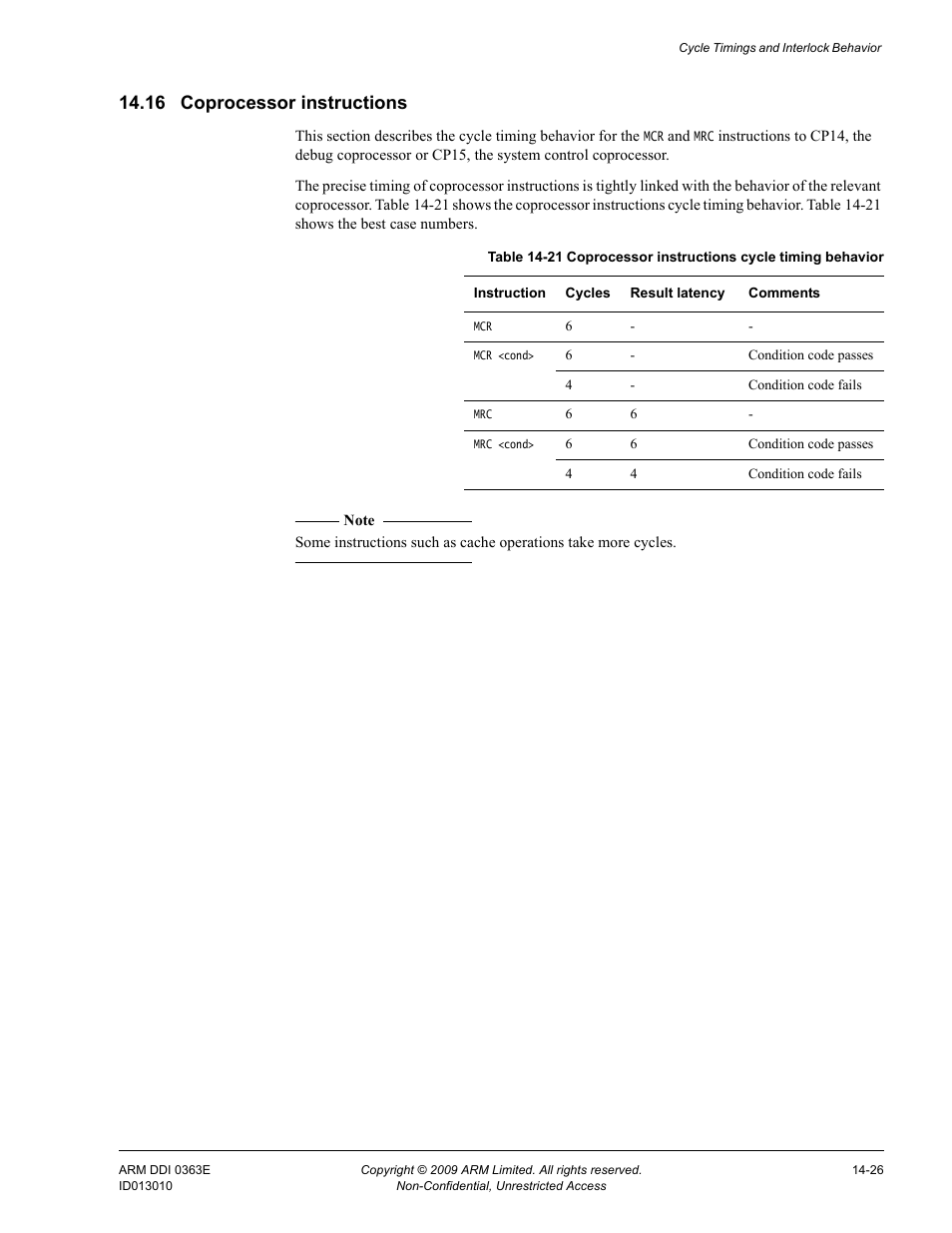 16 coprocessor instructions, Coprocessor instructions -26, Table 14-21 | Coprocessor instructions cycle timing behavior -26 | ARM Cortex R4F User Manual | Page 390 / 456