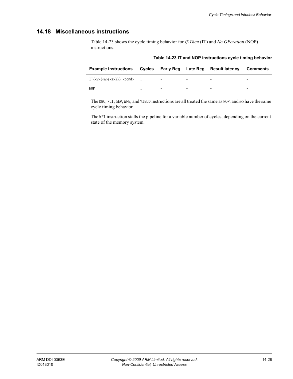 18 miscellaneous instructions, Miscellaneous instructions -28, Table 14-23 | It and nop instructions cycle timing behavior -28 | ARM Cortex R4F User Manual | Page 392 / 456