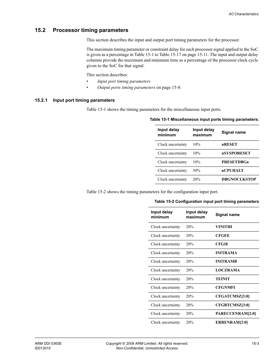 2 processor timing parameters, 1 input port timing parameters, Processor timing parameters -3 | Table 15-1, Miscellaneous input ports timing parameters: -3, Table 15-2, Configuration input port timing parameters -3 | ARM Cortex R4F User Manual | Page 403 / 456