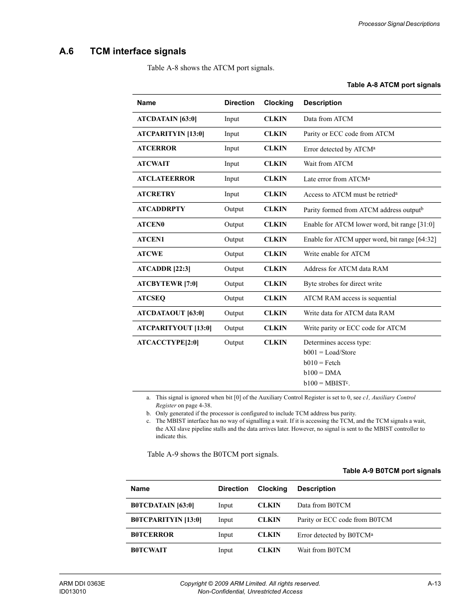 A.6 tcm interface signals, Table a-8, Table a-9 | ARM Cortex R4F User Manual | Page 426 / 456