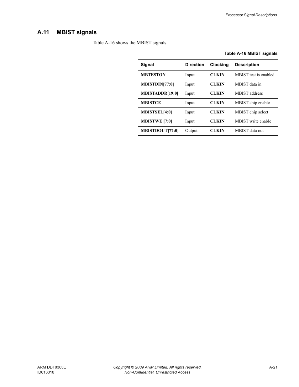 A.11 mbist signals, A.11, Table a-16 | ARM Cortex R4F User Manual | Page 434 / 456