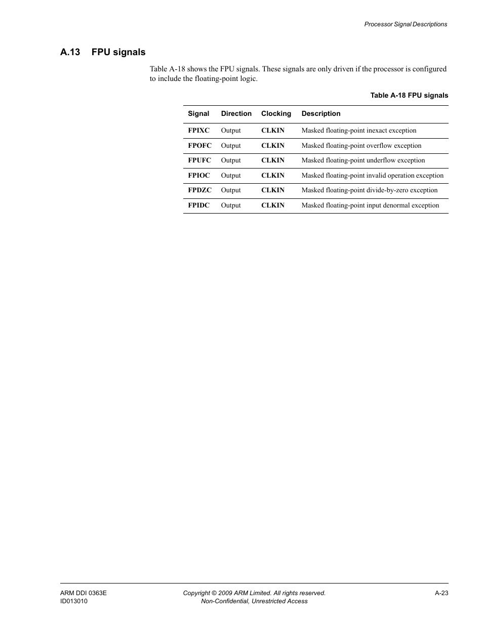 A.13 fpu signals, A.13, Table a-18 | ARM Cortex R4F User Manual | Page 436 / 456