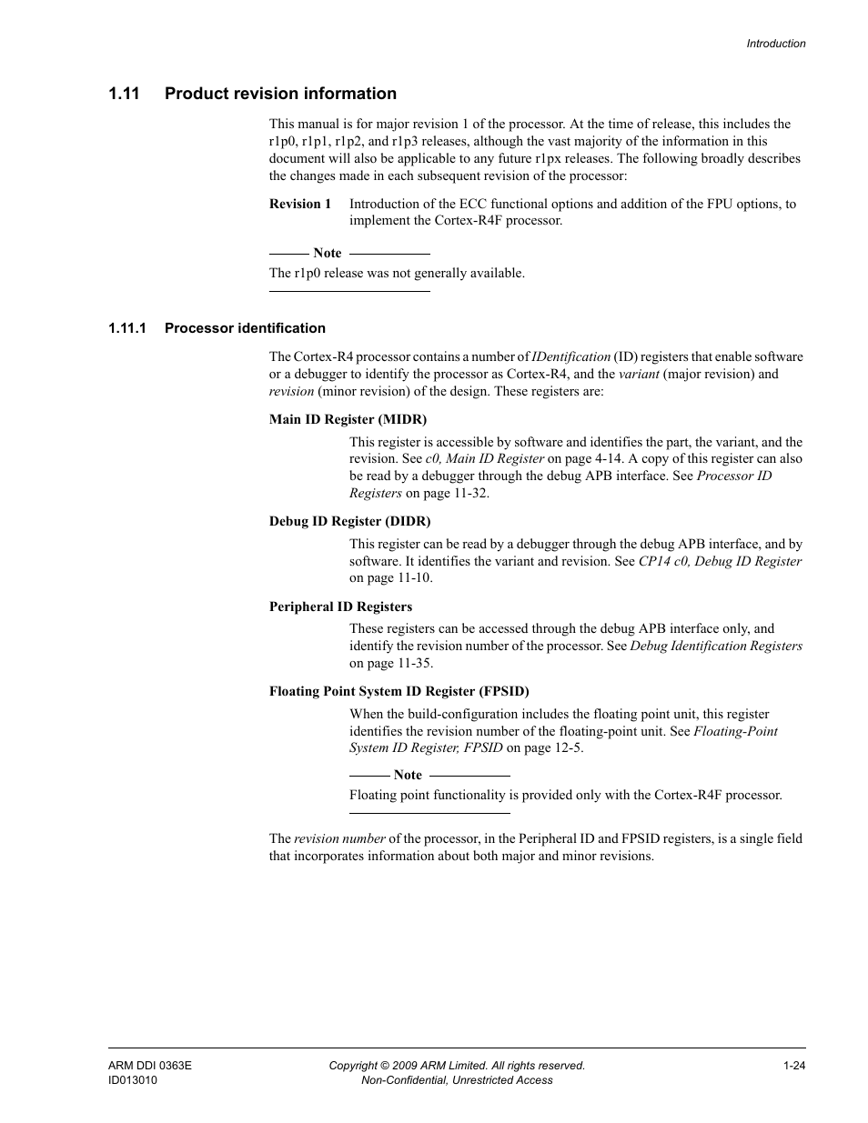 11 product revision information, 1 processor identification, Product revision information -24 | ARM Cortex R4F User Manual | Page 45 / 456