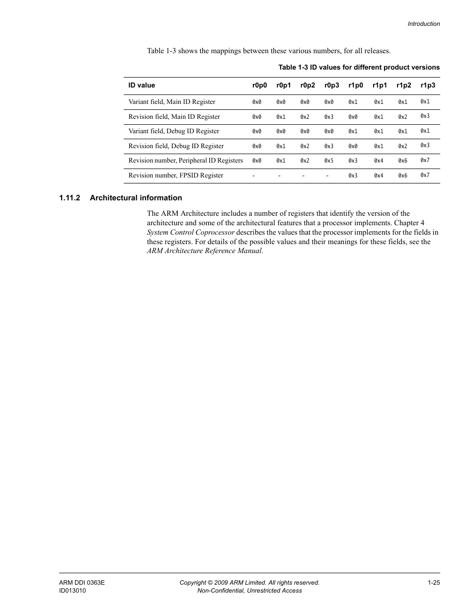 2 architectural information, Table 1-3, Id values for different product versions -25 | ARM Cortex R4F User Manual | Page 46 / 456