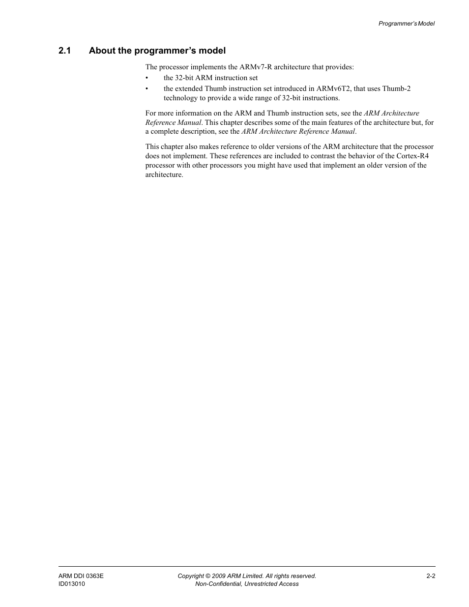 1 about the programmer’s model, About the programmer’s model -2 | ARM Cortex R4F User Manual | Page 48 / 456