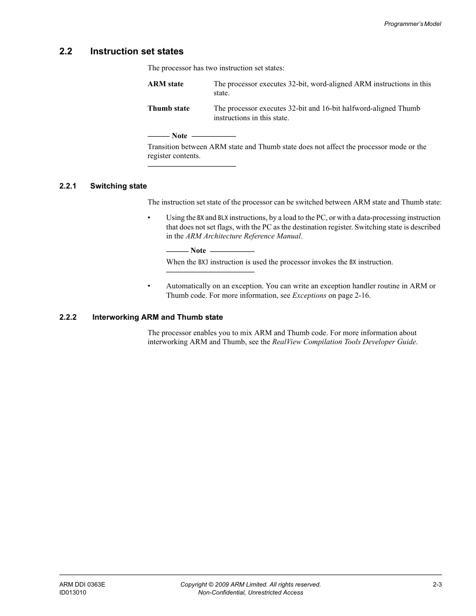 2 instruction set states, 1 switching state, 2 interworking arm and thumb state | Instruction set states -3 | ARM Cortex R4F User Manual | Page 49 / 456