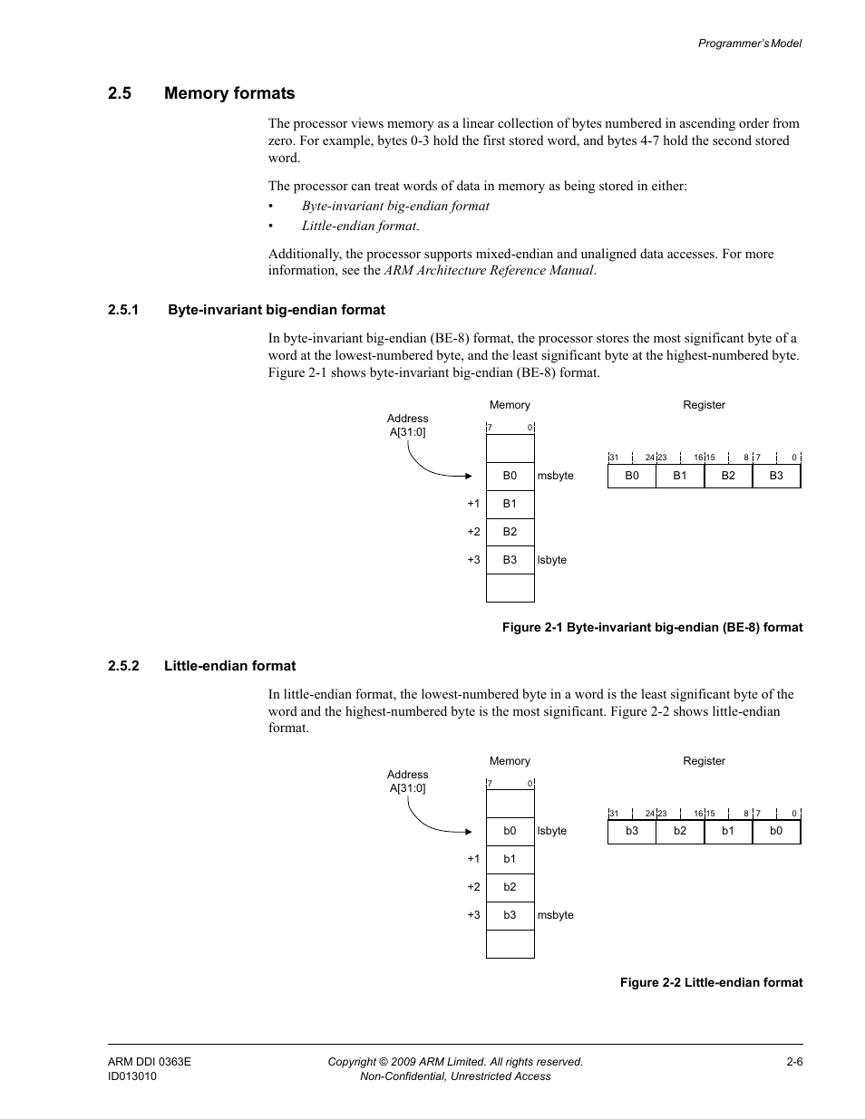 5 memory formats, 1 byte-invariant big-endian format, 2 little-endian format | Memory formats -6, Figure 2-1, Byte-invariant big-endian (be-8) format -6, Figure 2-2, Little-endian format -6 | ARM Cortex R4F User Manual | Page 52 / 456