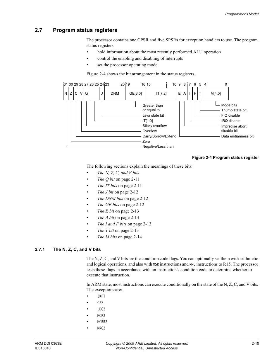 7 program status registers, 1 the n, z, c, and v bits, Program status registers -10 | Figure 2-4, Program status register -10 | ARM Cortex R4F User Manual | Page 56 / 456