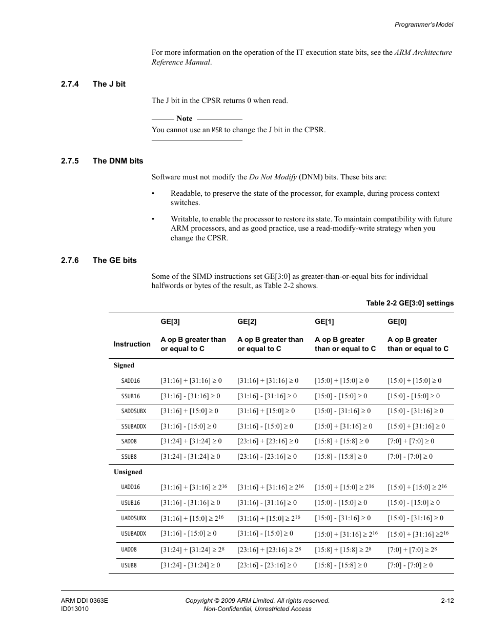 4 the j bit, 5 the dnm bits, 6 the ge bits | Table 2-2, Ge[3:0] settings -12 | ARM Cortex R4F User Manual | Page 58 / 456