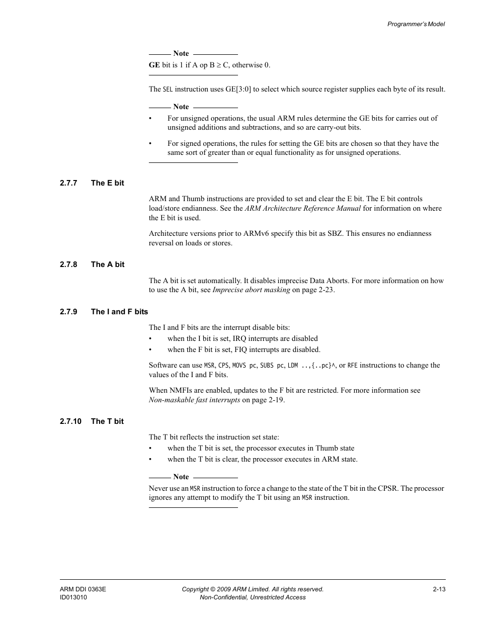 7 the e bit, 8 the a bit, 9 the i and f bits | 10 the t bit | ARM Cortex R4F User Manual | Page 59 / 456