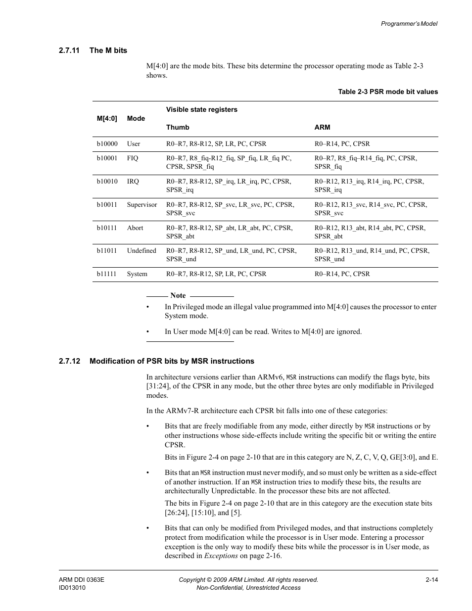 11 the m bits, 12 modification of psr bits by msr instructions, Table 2-3 | Psr mode bit values -14 | ARM Cortex R4F User Manual | Page 60 / 456