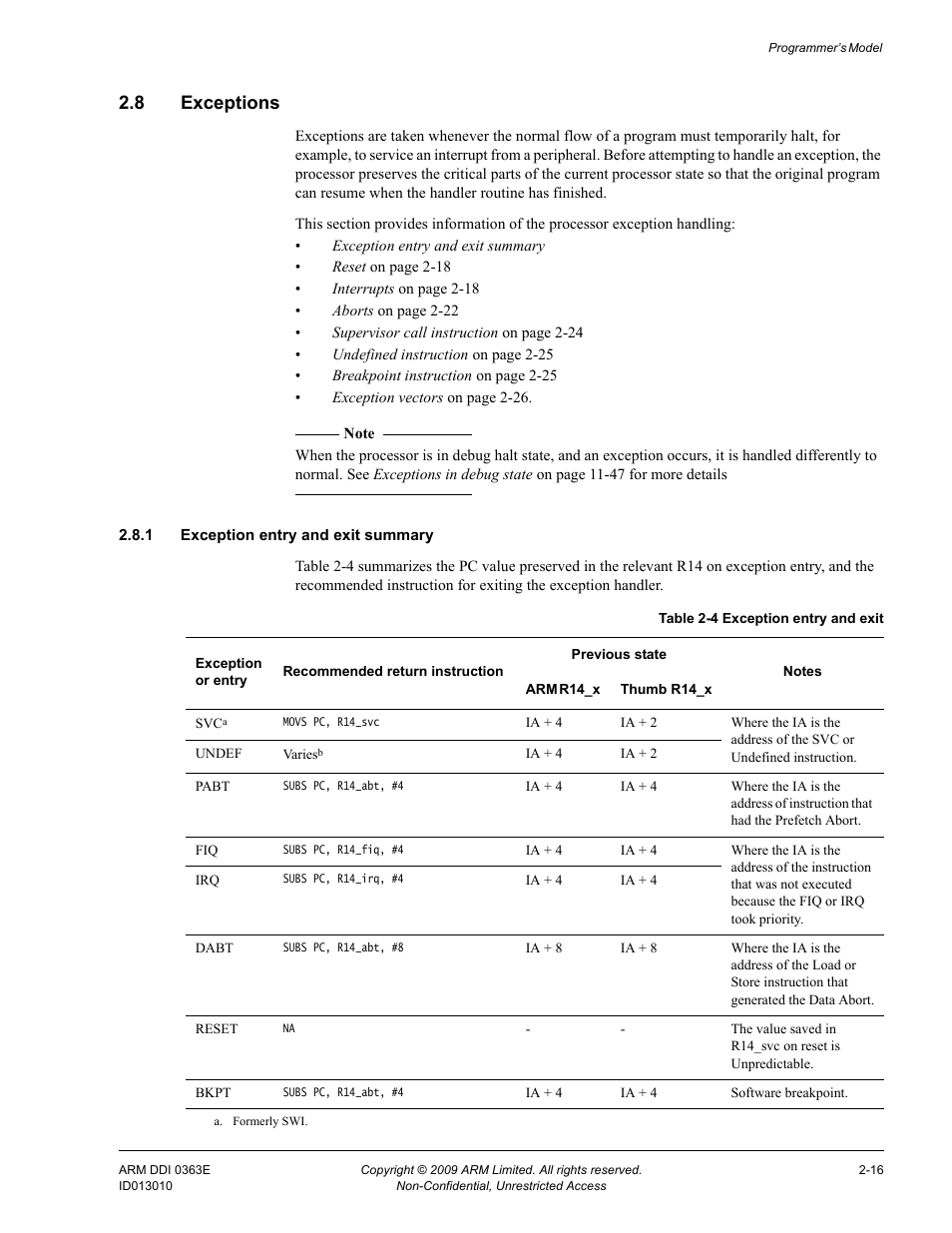 8 exceptions, 1 exception entry and exit summary, Exceptions -16 | Table 2-4, Exception entry and exit -16 | ARM Cortex R4F User Manual | Page 62 / 456