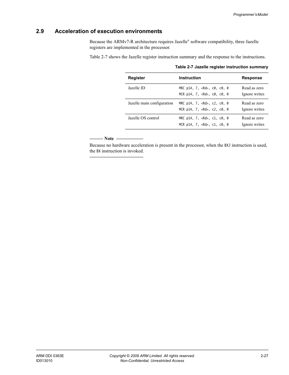 9 acceleration of execution environments, Acceleration of execution environments -27, Table 2-7 | Jazelle register instruction summary -27 | ARM Cortex R4F User Manual | Page 73 / 456