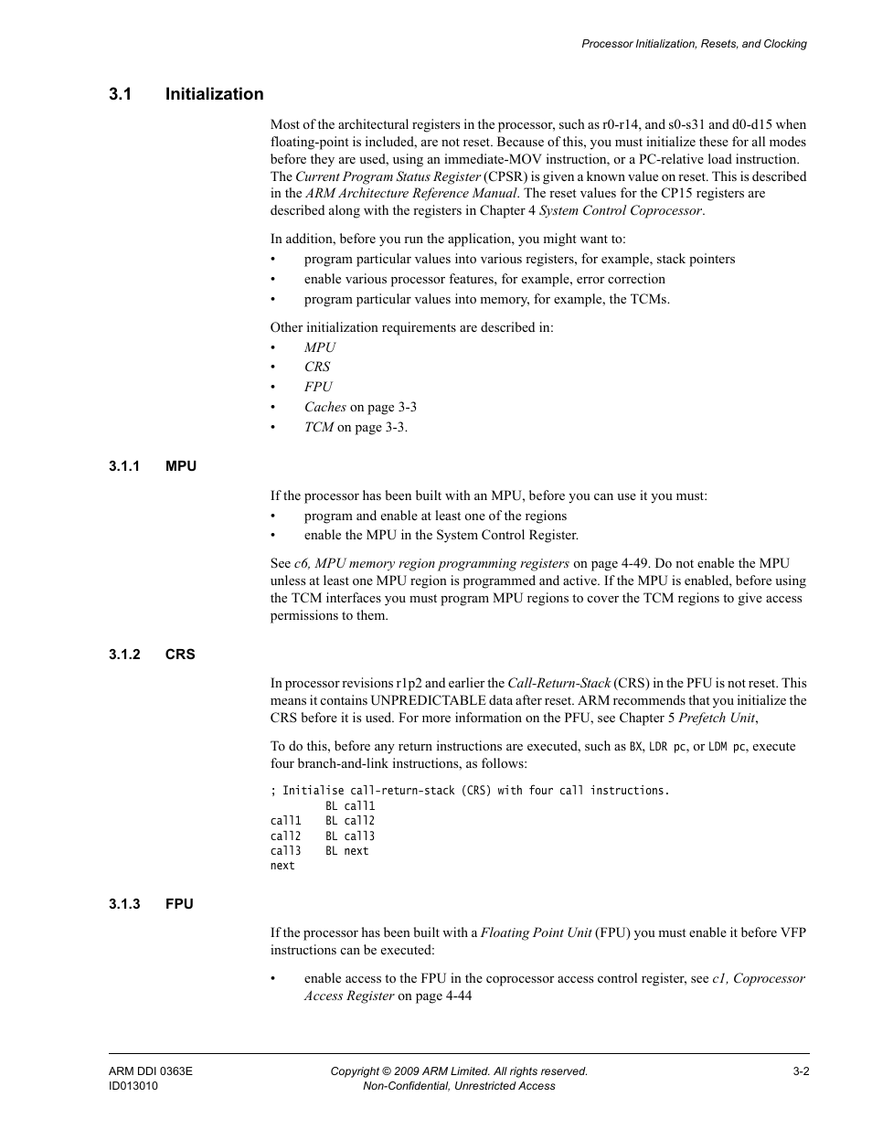 1 initialization, 1 mpu, 2 crs | 3 fpu, Initialization -2 | ARM Cortex R4F User Manual | Page 77 / 456