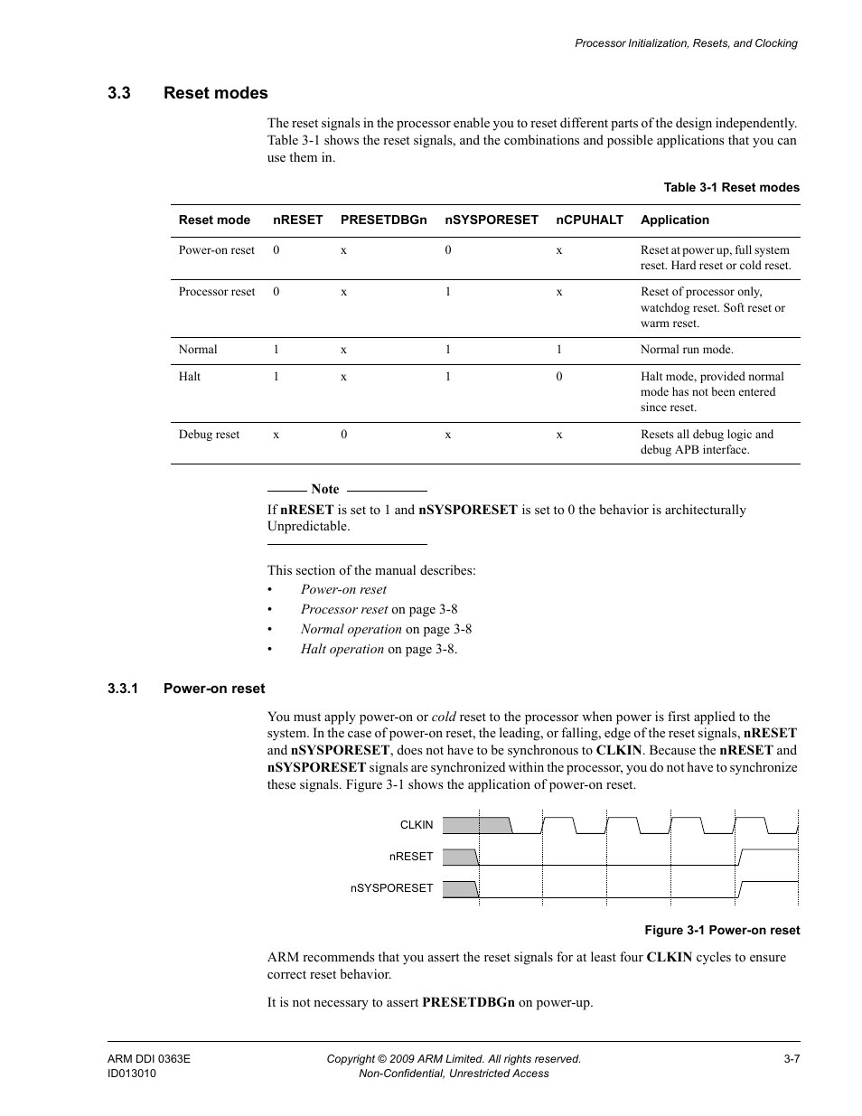 3 reset modes, 1 power-on reset, Reset modes -7 | Table 3-1, Figure 3-1, Power-on reset -7 | ARM Cortex R4F User Manual | Page 82 / 456