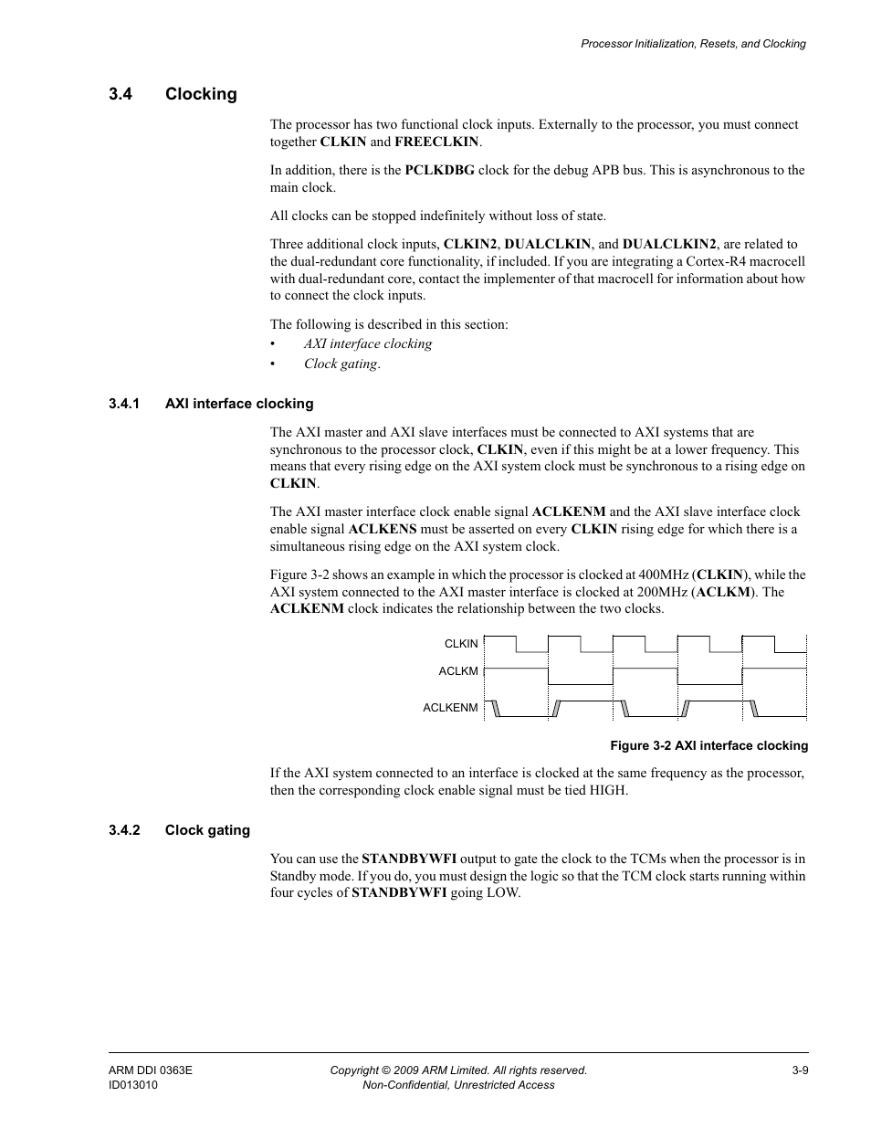 4 clocking, 1 axi interface clocking, 2 clock gating | Clocking -9, Figure 3-2, Axi interface clocking -9 | ARM Cortex R4F User Manual | Page 84 / 456